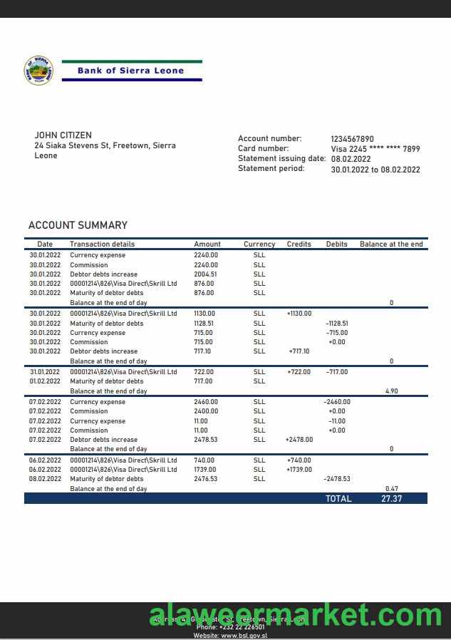 Sierra Leone Bank of Sierra Leone bank statement